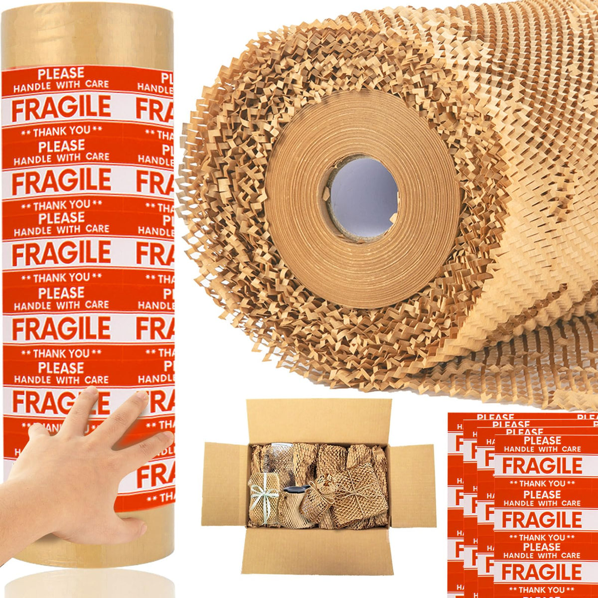 NAPALOOK Honeycomb Packing Paper Wrap 15''x328', Substitute Alternative for Bubble Cushioning Wrap for Moving Shipping Packaging, Recyclable Moving Supplies with 48 Fragile Sticker Labels
