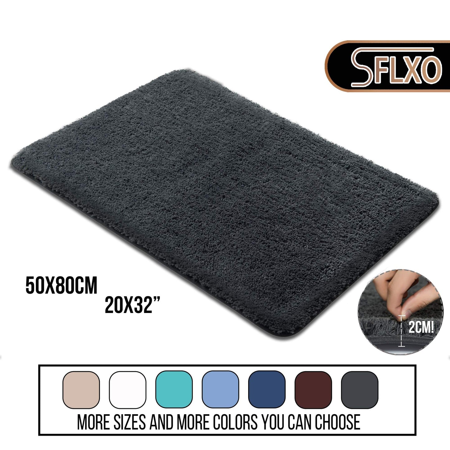SFLXO 80cm x 50cm Non Slip Bath Mat Machine Washable Durable Soft Fluffy Microfiber Bathroom Mat Water Absorbent Bath Rug Deep Grey