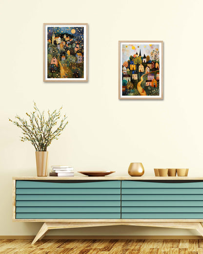 HesenDot Gustav Klimt Moon Stars Natural OAK Wood Framed Wall Art,12x16in
