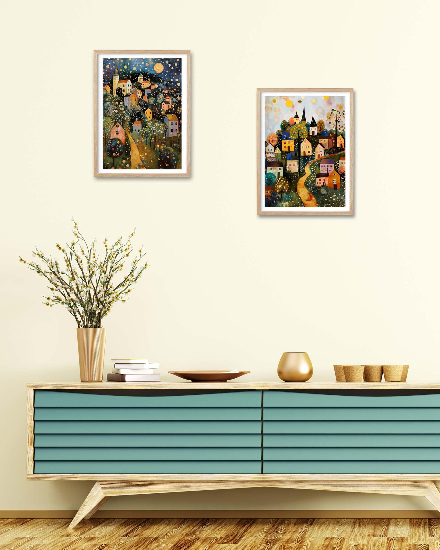 HesenDot Gustav Klimt Moon Stars Natural OAK Wood Framed Wall Art,12x16in