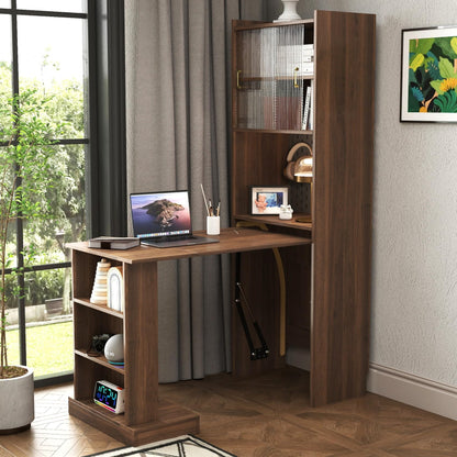 KEIKI Folding Home Office Desks with Pegboard, Glass Doors, Bookshelf & Storage Shelves, Modern Wooden Computer Table Workstation for Work, Study, Writing
