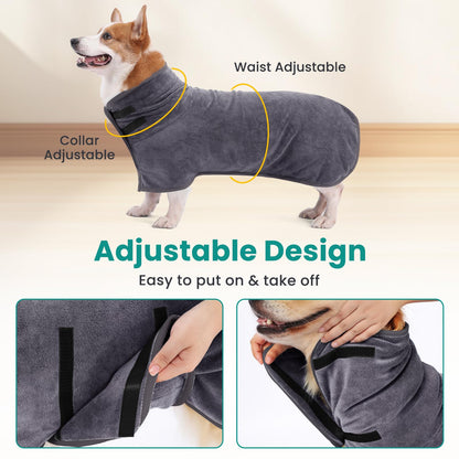 PETTOM Dog Drying Coat Super Absorbent, Adjustable Microfiber Dog Towel Robe, Soft Dogs Robe Quick Drying, Dogs Bathrobe for Bath, Swimming, Muddy Walks (Grey,L)
