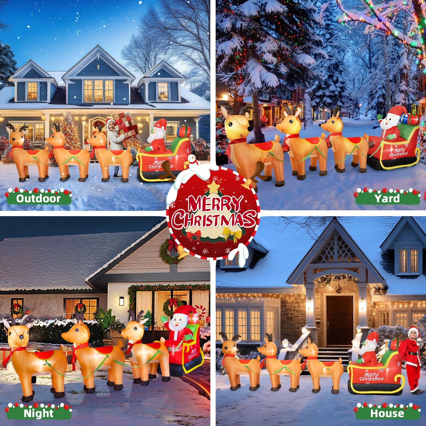 BRDJade 12FT Long Christmas Inflatables Outdoor Decorations, Inflatables Santa Claus on Reindeer Sleigh Built-in LED Lights, Christmas Blow Up Yard Decorations for Holiday Outdoor Garden Lawn Decor