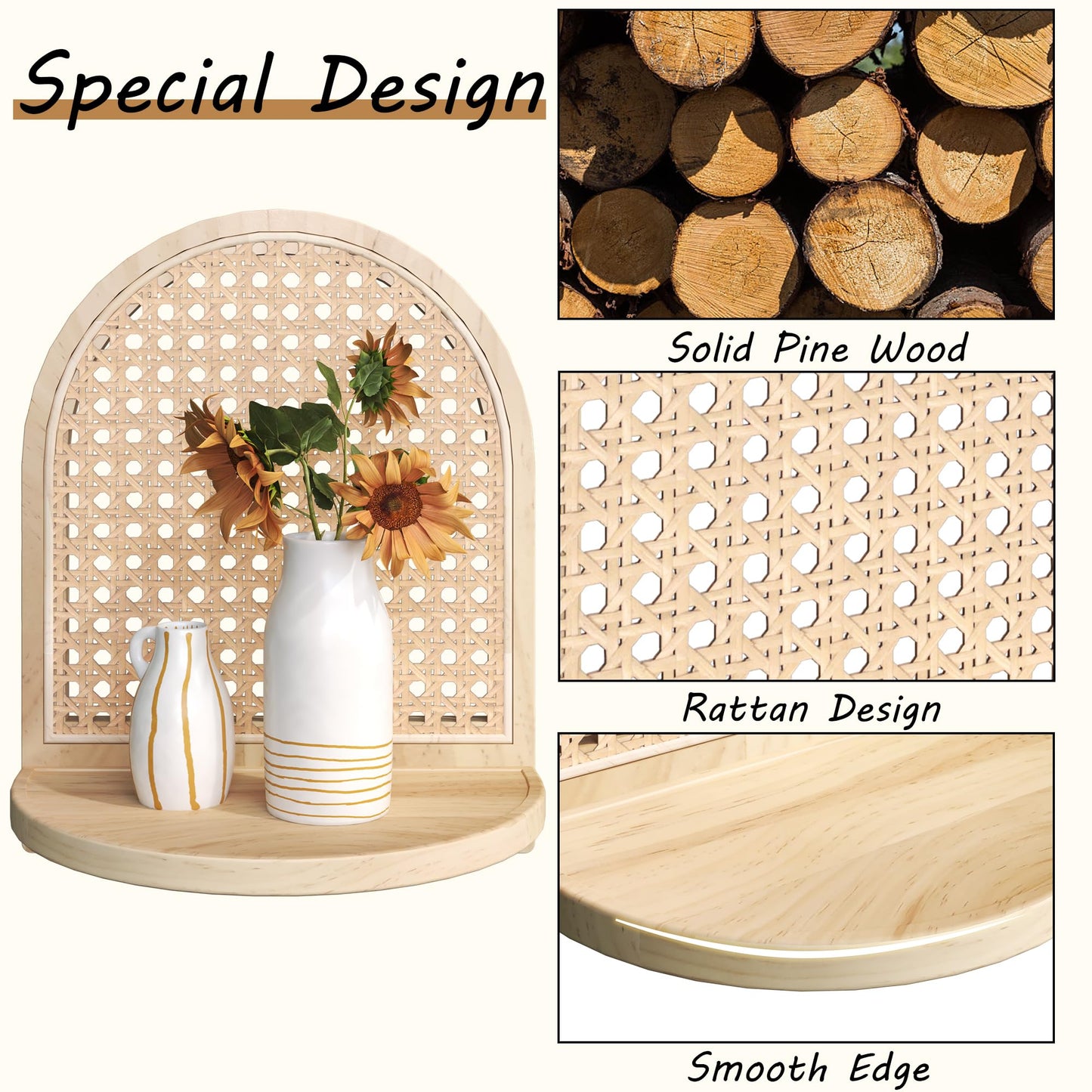 LUPWNEKA Arched Rattan Wall Shelf - Boho Rattan Floating Shelf with Grooved Edge, Unique Small Display Shelves, Natural Pine Wood Wall Decor for Bedroom, Living Room, Nursery Room, Set of 2, Natural