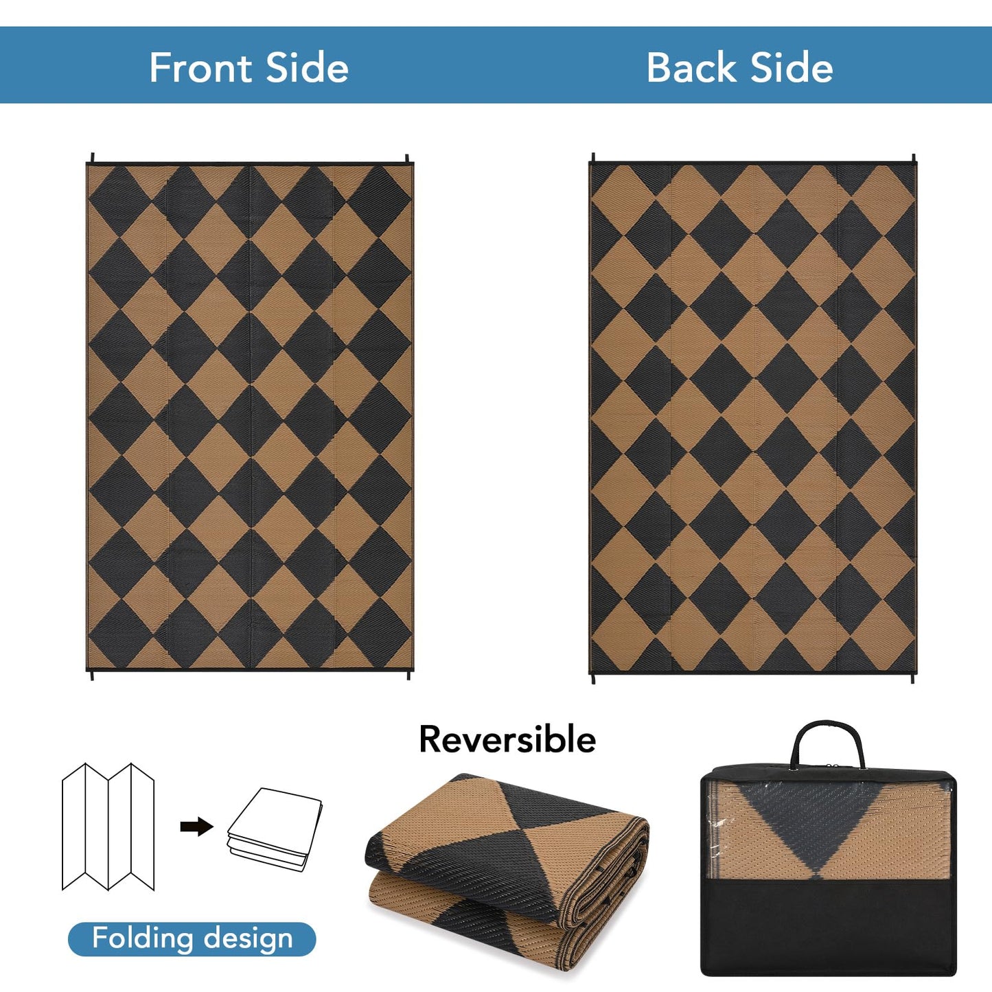 GarveeHome Outdoor Rug 9x18 ft Waterproof Mat Reversible Outdoor Plastic Straw Rug Patio Rug Camping Rug Portable Outdoor Mat for RV Porch Balcony Backyard Picnic Beach Black/Brown Diamond