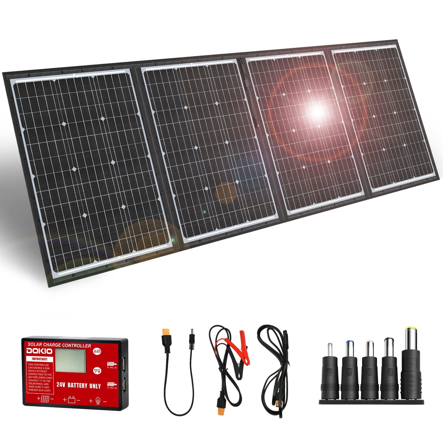 DOKIO 200W 36V Portable Foldable Solar Panel Kit, Compact 19x26.4in Design 9.7lb with Standalone Controller and USB, Monocrystalline Charger for 24V Batteries, Power Stations, RV Camping Emergency Use