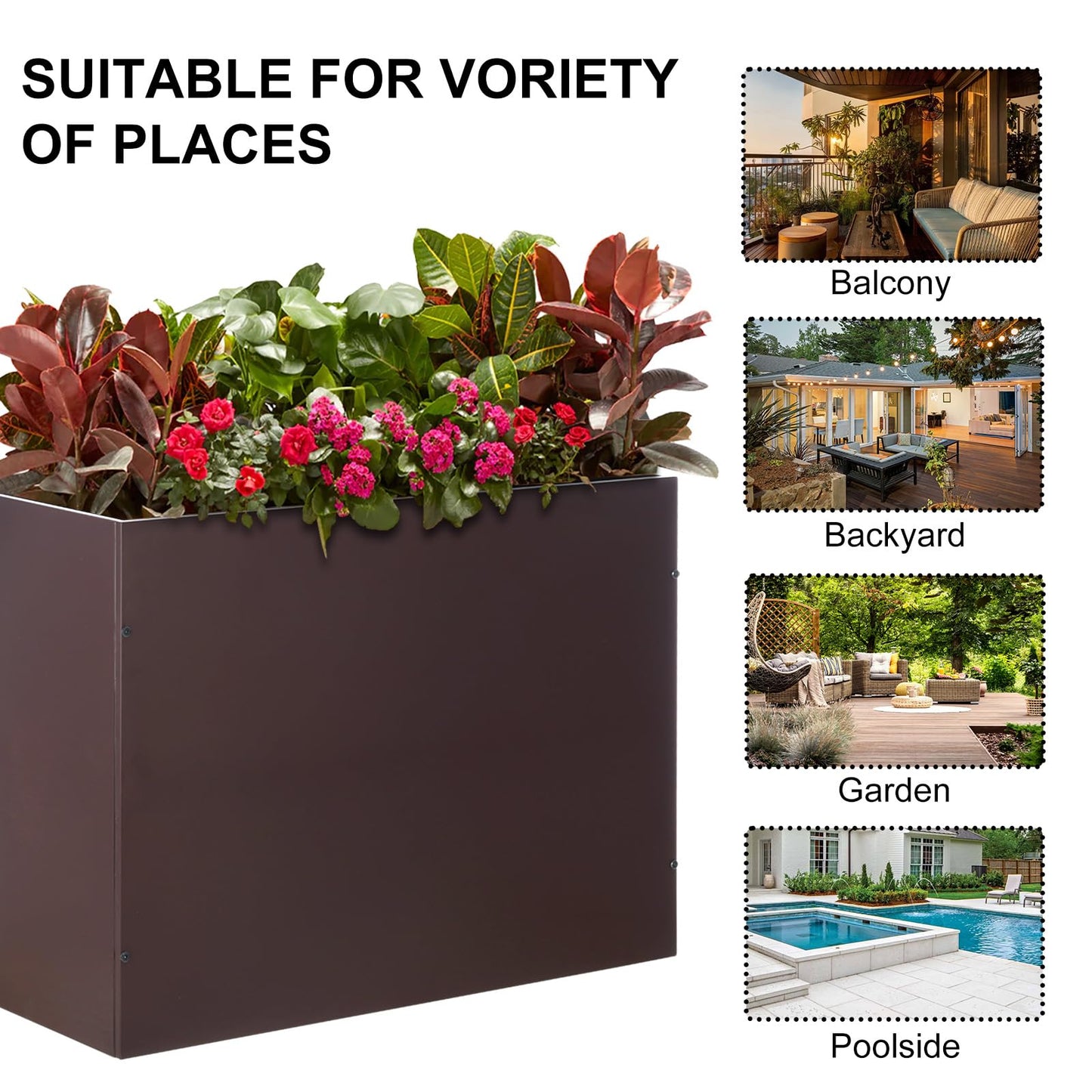 SUNNYPARK Large Metal Planter Box 32”x 12”x 24”, Rectangular Modern Brown Metal Planter Box Heavy Duty with Drainage Holes for Outdoor Garden Patio