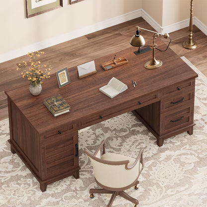 Garvee 60" Wooden Home Office Desk with File Drawers, Executive Desk with Adjustable Cabinet, Farmhouse Wood Desk with Power Outlet, Distressed Study and Work Table, Rustic Brown