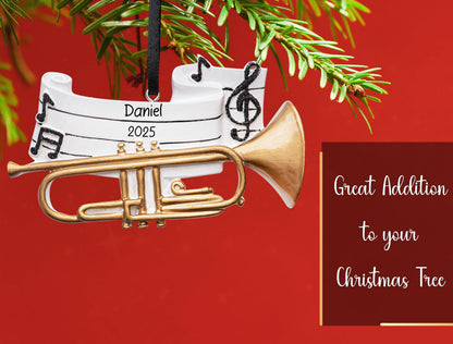 UniqXmas Personalized Trumpet Christmas Ornament 2026 | Musical Brass Instrument with Music Notes Xmas Tree Decoration - Unique Marching Band Trumpet Player Keepsake Gift | Custom Name & Year