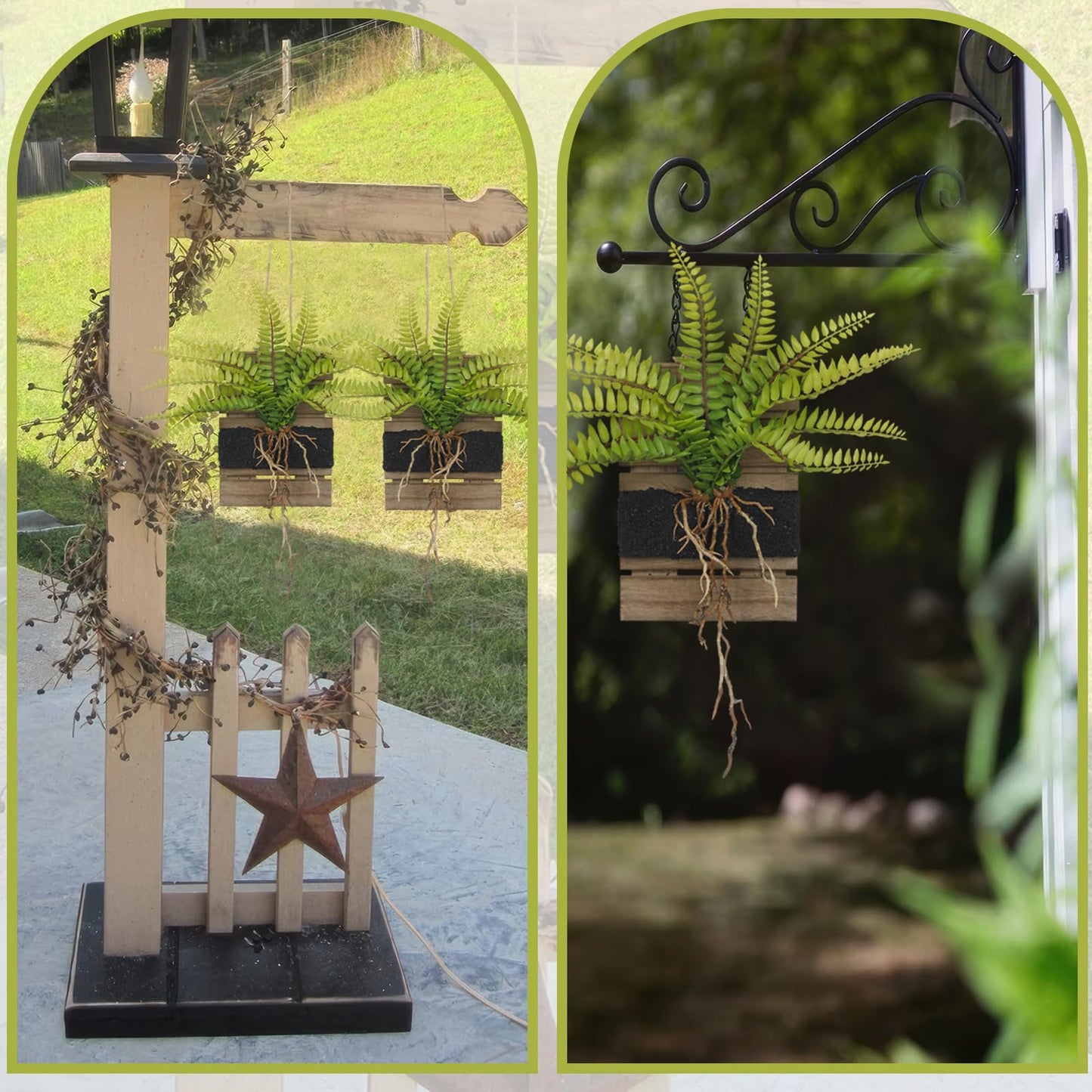 FAICOIA 2 Pcs Hanging Planter Vase Wall Decor with Artificial Plants Persian Fern Wooden Base Window Wall Planter Holder for Outdoor Indoor Hanging Plant Shelves for Home Decor Plant Holder Kitchen