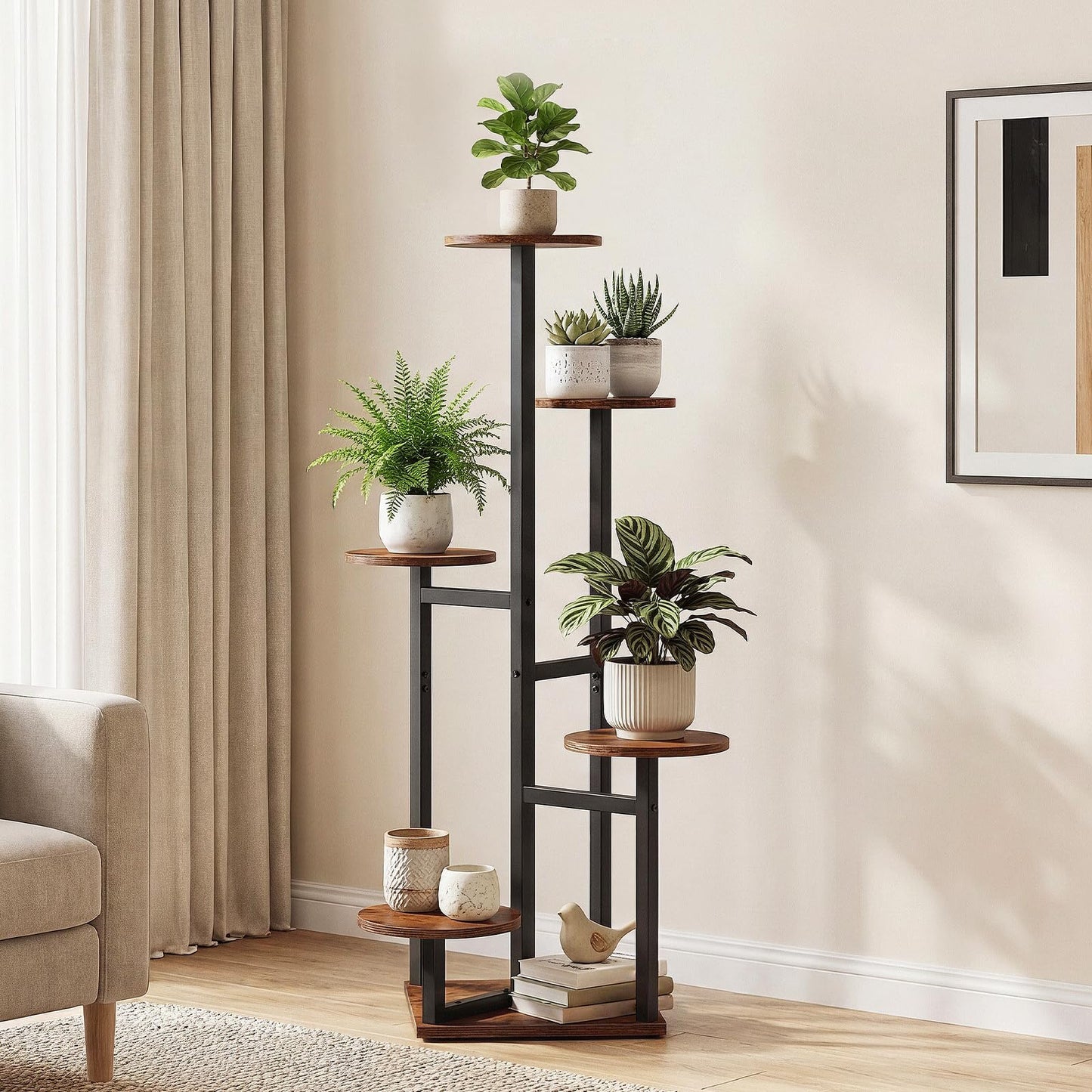 HOOBRO 5-Tier Corner Plant Stand Indoor, Round Vertical Plant Shelf for Small Spaces, Space Saving Flower Rack for Living Room, Balcony & Patio, Rustic Brown and Black BF05HJ01