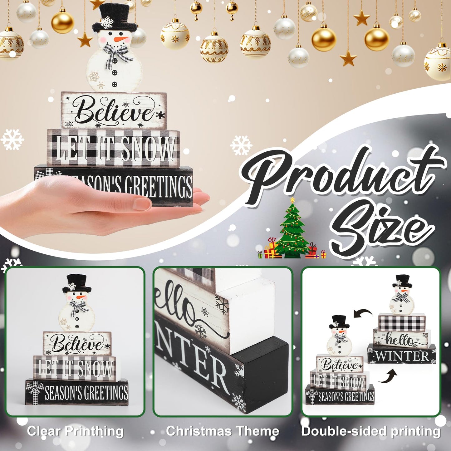 4 Pcs Christmas Decorations Indoor Wooden Snowman Table Sign Decor Table Centerpieces Xmas Merry Christmas Tabletop Block for Holiday Office Desk Tiered Tray Party Shelf Decor Double-sided Pattern
