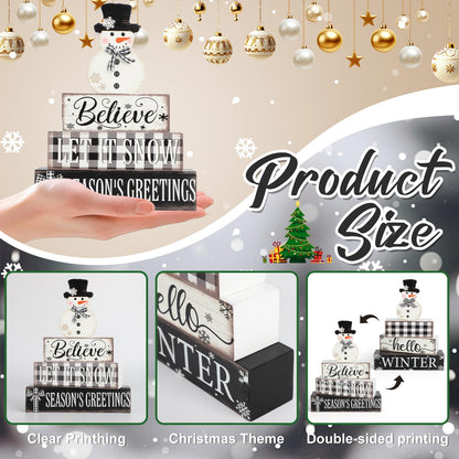 4 Pcs Christmas Decorations Indoor Wooden Snowman Table Sign Decor Table Centerpieces Xmas Merry Christmas Tabletop Block for Holiday Office Desk Tiered Tray Party Shelf Decor Double-sided Pattern