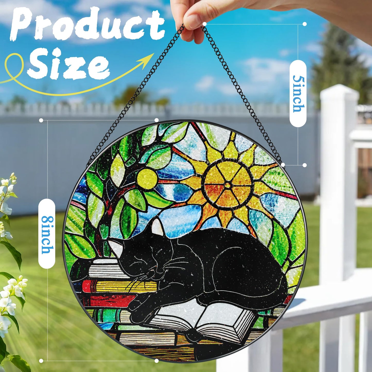 Stained Glass Window Hanging, 8 Inch Black Cat on Book Stained Glass Suncatcher, Window Decor Hanging, Cat Lover Gifts, Reading Decor, Bookish Gift, Librarian Gift, Book Lover Gifts