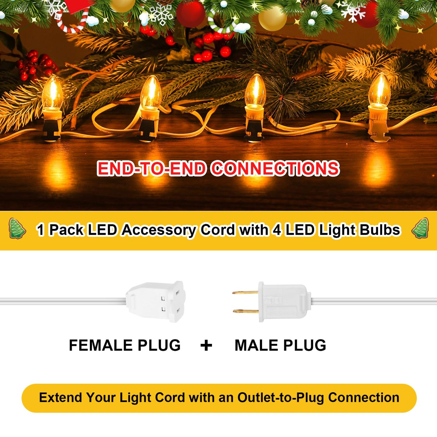 1Pack Accessory Cord with 4LED Bulbs and Outlet Christmas Village Light 8.9FT Blow Mold Light Cord with Spare Fuse Warm White C7 Lamp Christmas Village Accessories for Village Houses Craft Pumpkin