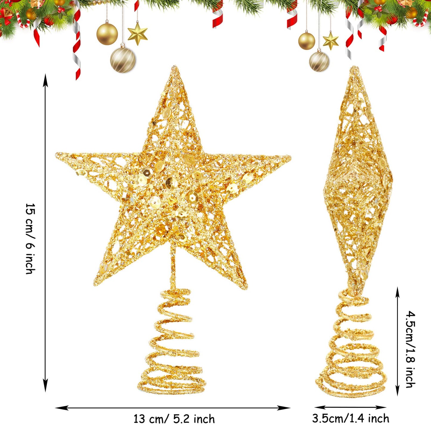 Blulu Christmas Star Tree Topper 6 Inch Glittered 3D Metal Star Treetop Topper Small Christmas Hollow Decoration for Xmas Holiday Party Decoration Indoor(Gold)