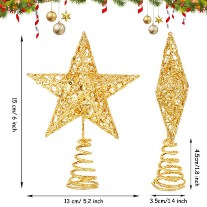 Blulu Christmas Star Tree Topper 6 Inch Glittered 3D Metal Star Treetop Topper Small Christmas Hollow Decoration for Xmas Holiday Party Decoration Indoor(Gold)