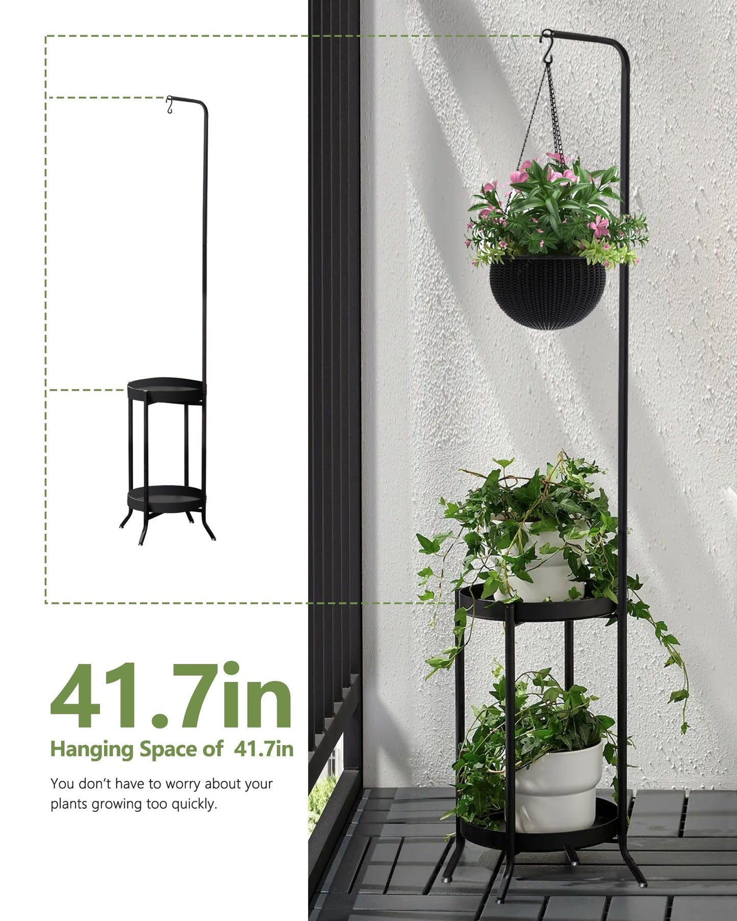 RINBOU Hanging Plant Stand Indoor Outdoor, Space-Saving Corner Metal Plant Shelf 3 Potted Flower Pot Stand, 2 Tier 61" Tall Modern Planter Holder for Patio Garden Balcony Living Room Bedroom, Black