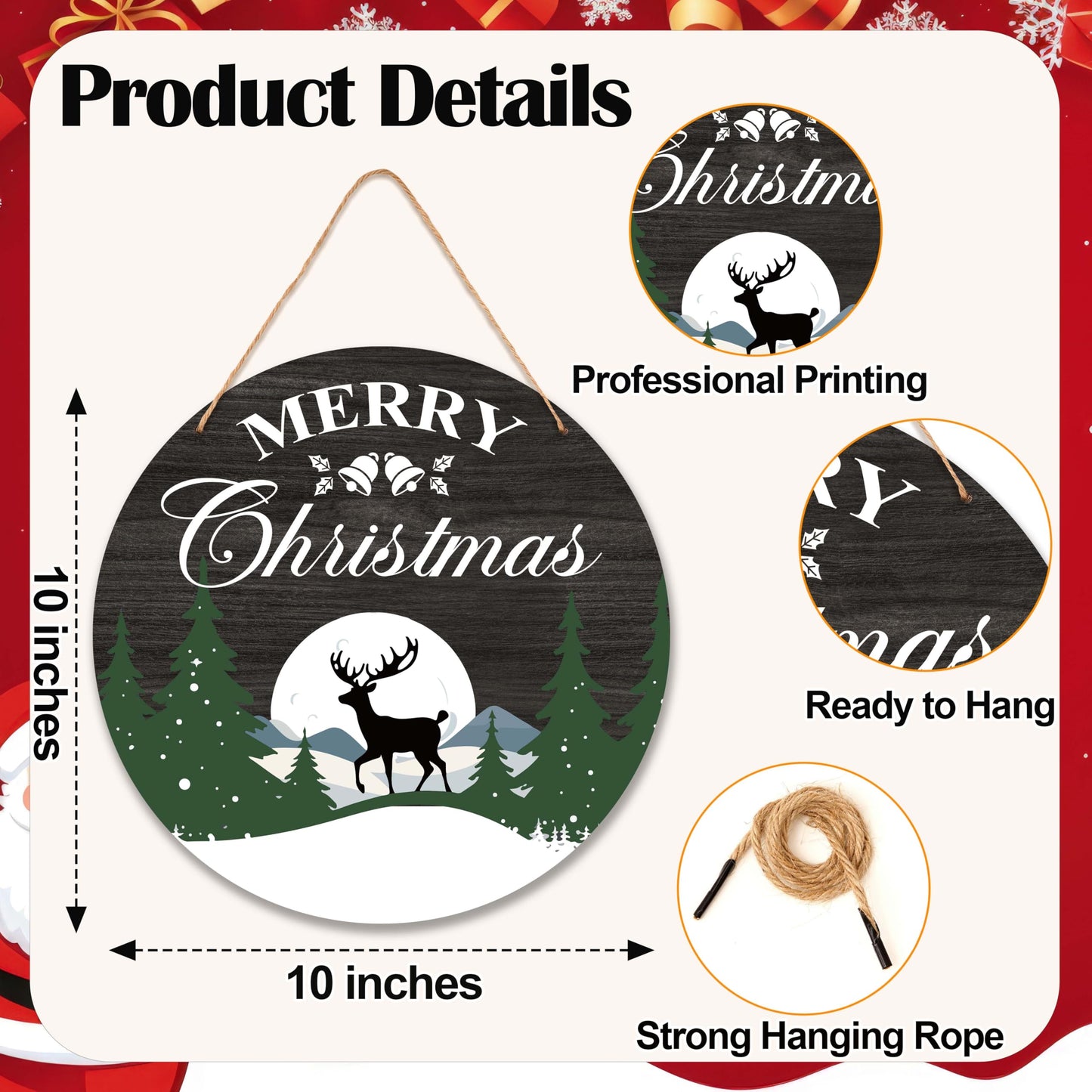 OXRUN Merry Christmas Wooden Hanging Decorations, Winter Xmas Tree Reindeer Door Sign with Jute Rope, Wooden Farmhouse Wall Front Door Hanger, Housewarming Gifts-A01