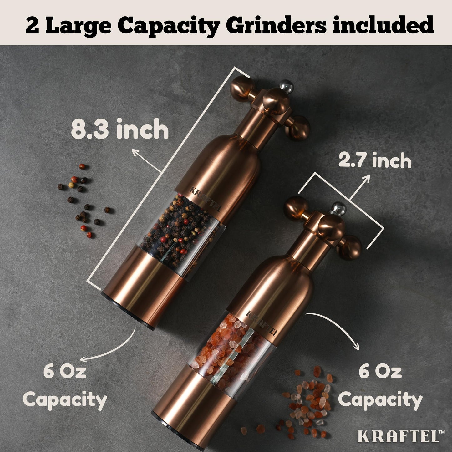 KRAFTEL Premium 8" Salt and Pepper Grinder 2PK. Large Peppermill - Refillable, Adjustable Coarse, Antique Stainless Steel Spice Shaker. Clear Acrylic aesthetic - Cute Copper Color Kitchen Gift for Mom