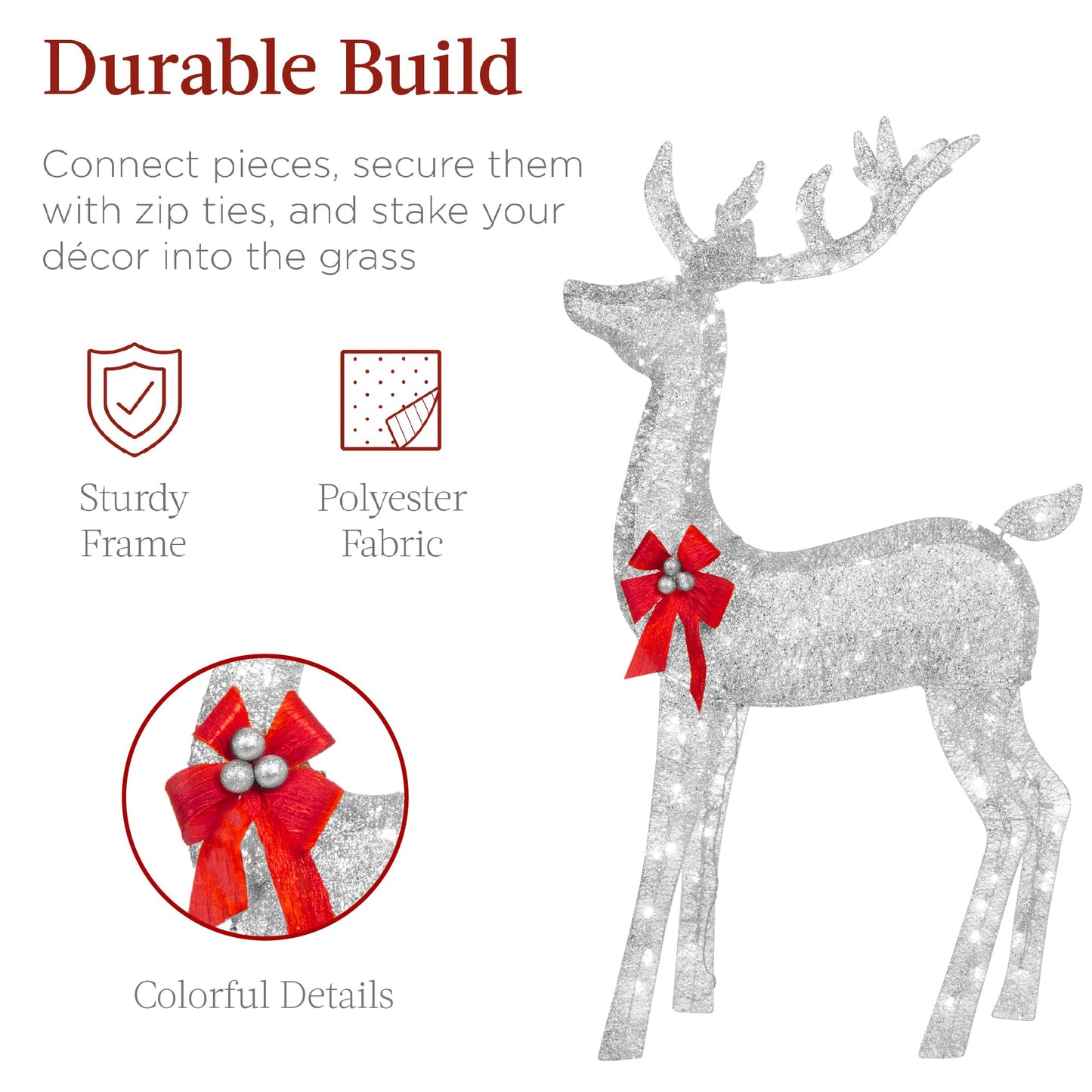 Best Choice Products 3-Piece Large Lighted Christmas Deer Family Set 5Ft Outdoor Yard Decoration with 360 LED Lights, Stakes, Zip Ties - Silver