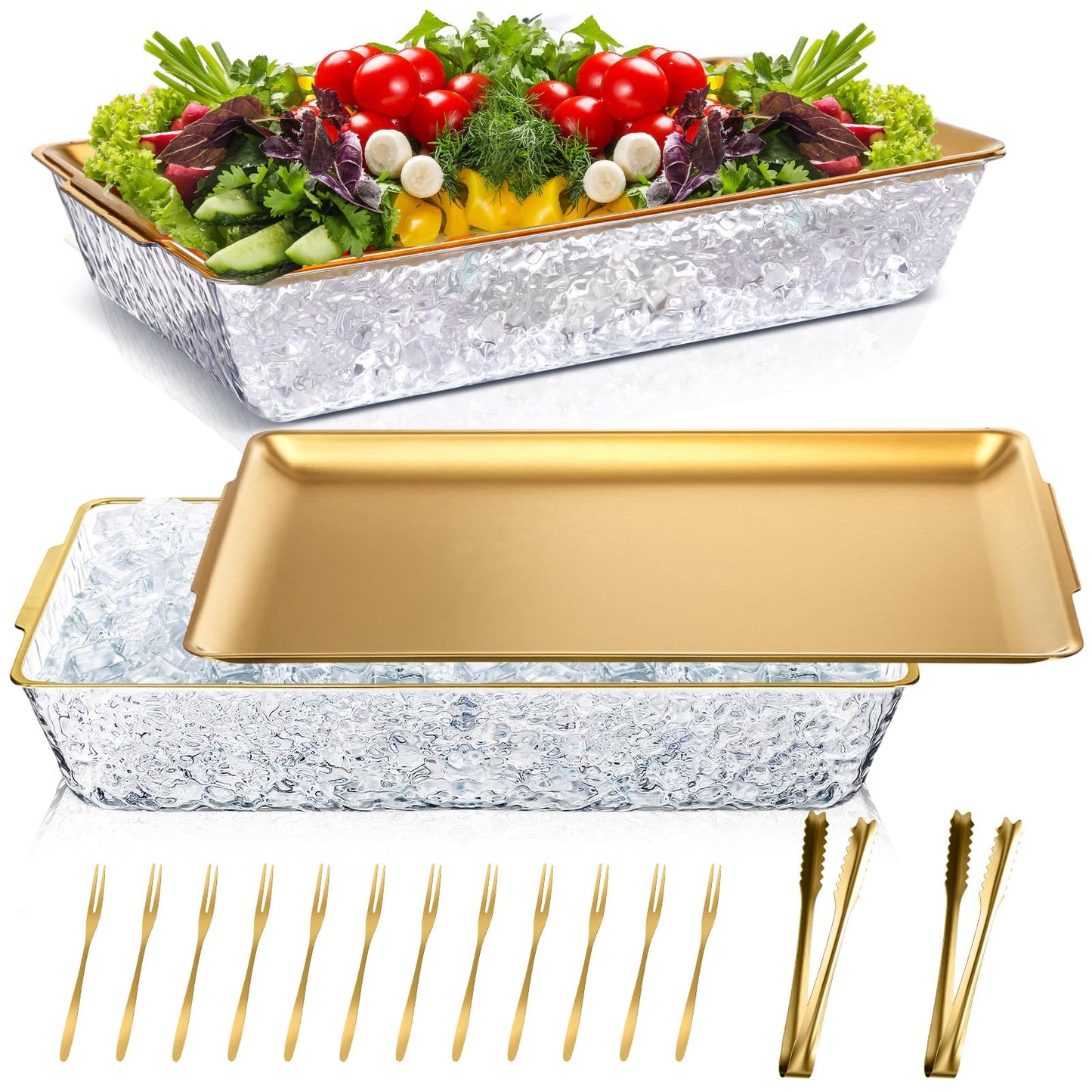 Baderke 2 Set 16 x 9.45 Chilled Serving Tray for Parties with Compartments Ice Chilled Party Platter Charcuterie Serving Board with Forks Tongs for Fruit Seafood Vegetable Appetizer (Gold)