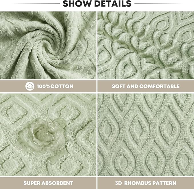 Artoid Mode 2 Pcs Light Green 3D Diamond Grid Jacquard Hand Towels