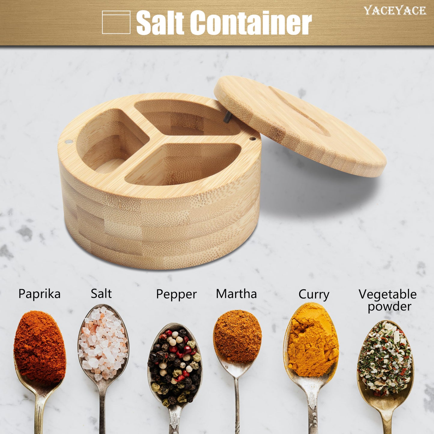 YACEYACE Bamboo Salt Cellar with Lid and Spoon, 9oz Small Salt and Pepper Containers, Bamboo Salt Containers for Countertop, Salt and Pepper Bowls