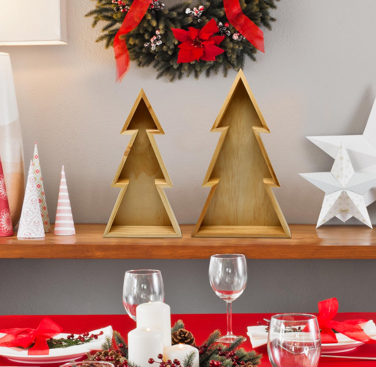 Gift Boutique Wooden Christmas Tree Trays – Set of 2 Nested Decorative Serving Trays for Holiday Parties, Snacks, Appetizers, and Festive Table Display