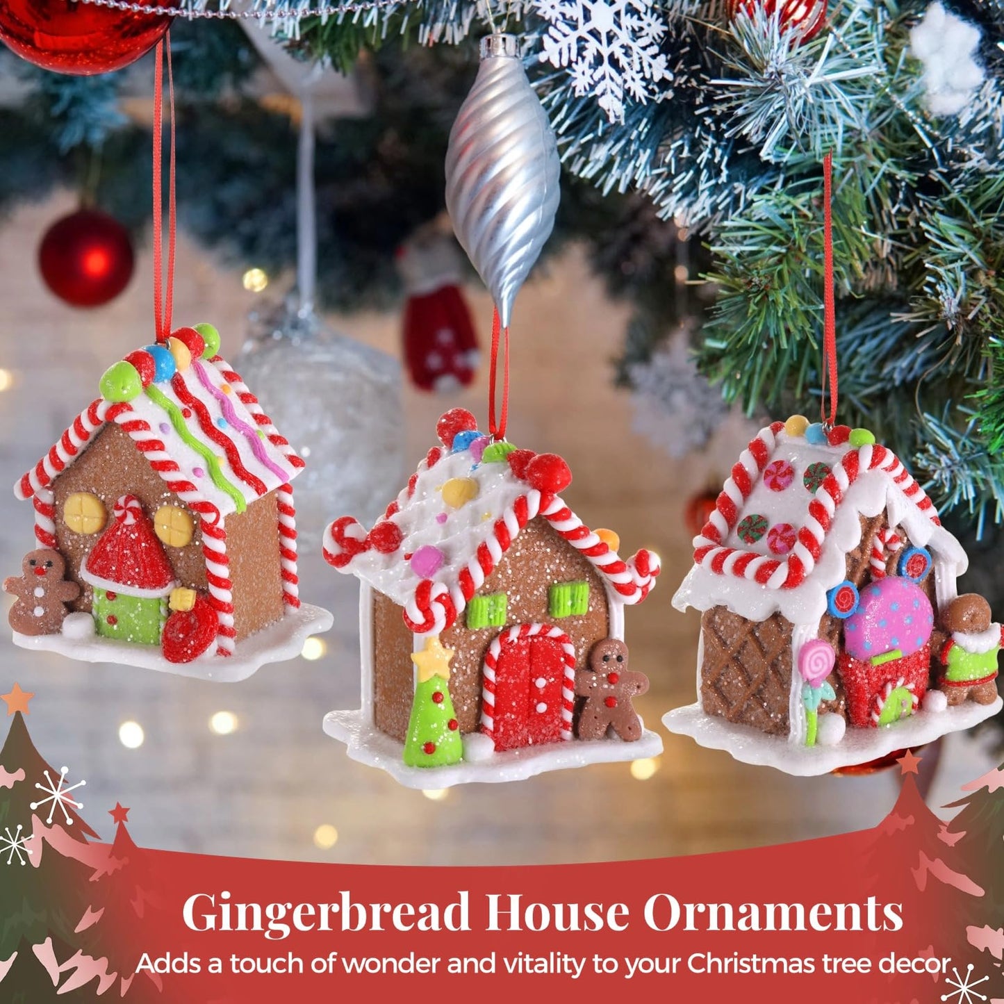 3 Pcs Gingerbread House Ornaments,Christmas Tree Decorations,Cute Polymer Clay Candy House Decorations with Rope,Fairy Tale Tree Hanging Ornaments for Holiday Decor