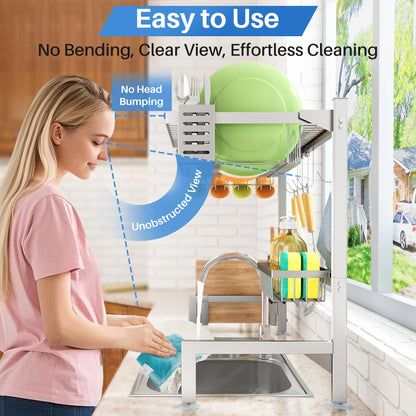 Over The Sink Dish Drying Rack, Full Stainless Steel 2-Tier Kitchen Counter Dish Drainer Rack Adjustable (33.8 to 41.5 inch), Expandable Dish Drying Rack with Kitchen Accessories, Silver