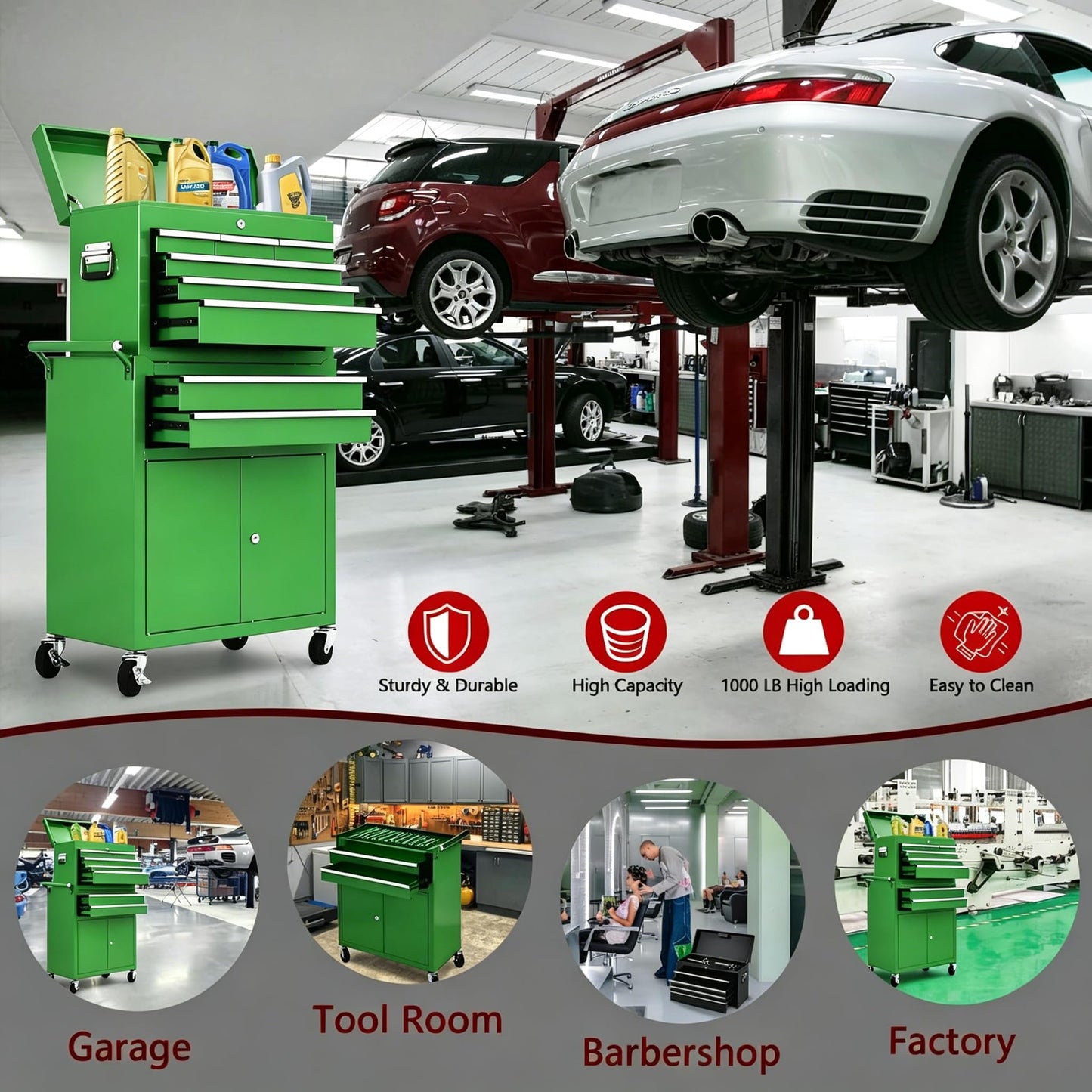 8-Drawer Rolling Tool Chest, 2-in-1 High Capacity Tool Storage with Detachable Top Cabinet, Locking System, Wheels and Liners for Garage, Workshop, Green