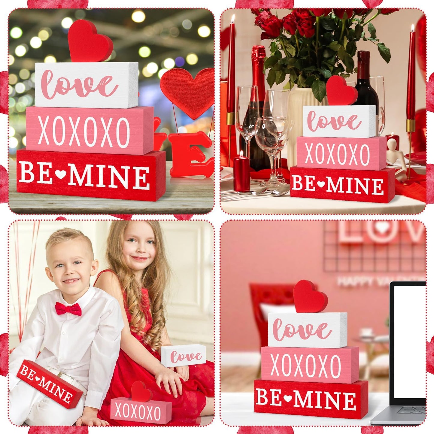 4 Pcs Valentine's Day Table Decor Valentine Wood Book Stack Wooden Signs Decoration for Valentines Day Decorations Wedding Anniversary Party Shelf