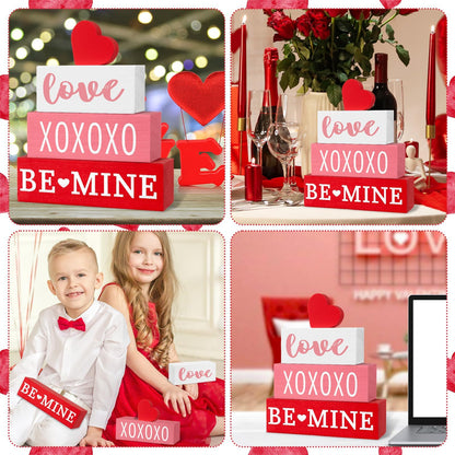 4 Pcs Valentine's Day Table Decor Valentine Wood Book Stack Wooden Signs Decoration for Valentines Day Decorations Wedding Anniversary Party Shelf