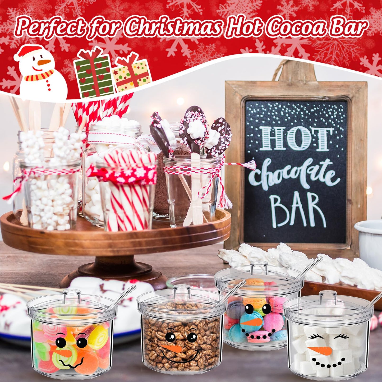 FYSUIMU 4Pcs Christmas Clear Acrylic Sugar Bowl with Lid and Spoon Snowman Face Kitchen Countertop Canisters Condiment Bottle Hot Cocoa Bar Supplies for Winter Xmas Party