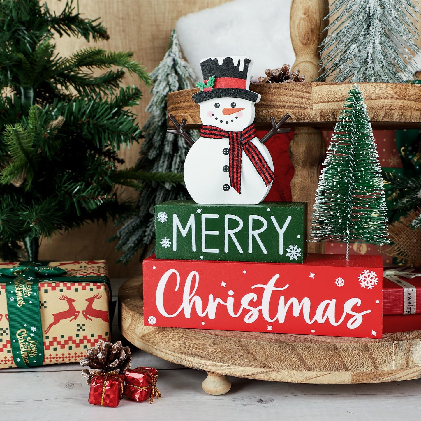 Merry Christmas Decorations Indoor Wooden Snowman Christmas Tabletop for Home Xmas Tree Centerpieces for Tables Wood Table Sign Decor Tiered Tray Office Desk Shelf Mantel Room Winter Holiday Party