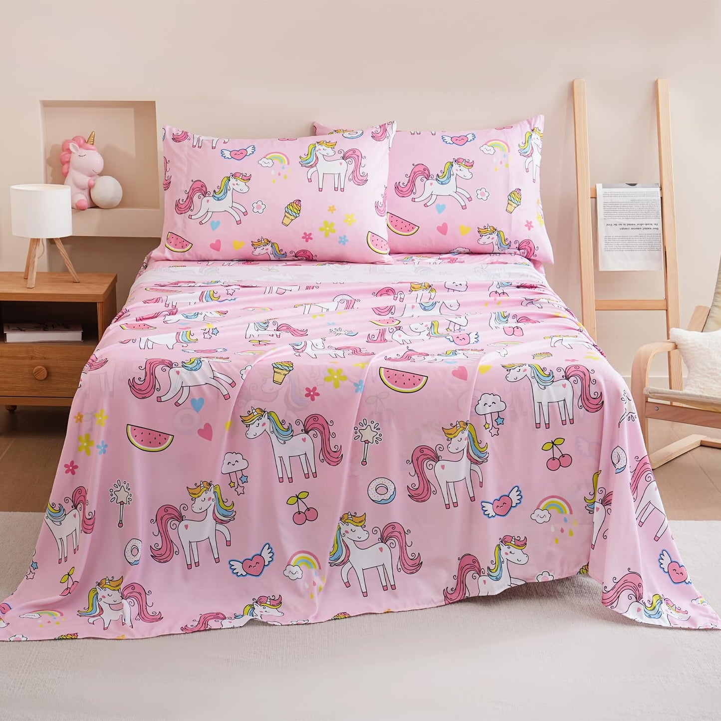 Yibeizi Pink Unicorn Sheet Set for Girls Full, Kids Rainbow Sweet Print Bedsheets Microfiber Deep Pocket Cute Patterned Bed Sheet & Pillowcase Sets 4 Pieces