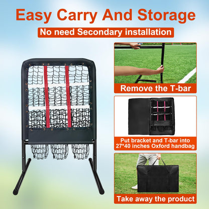 9 Hole Pitching Net with Strike Zone and Handbag, Fixed by 4 Ground Stakes & 2 Sandbags. Adjustable Heights (39-46in) for Pitching Target Net, Softball Training
