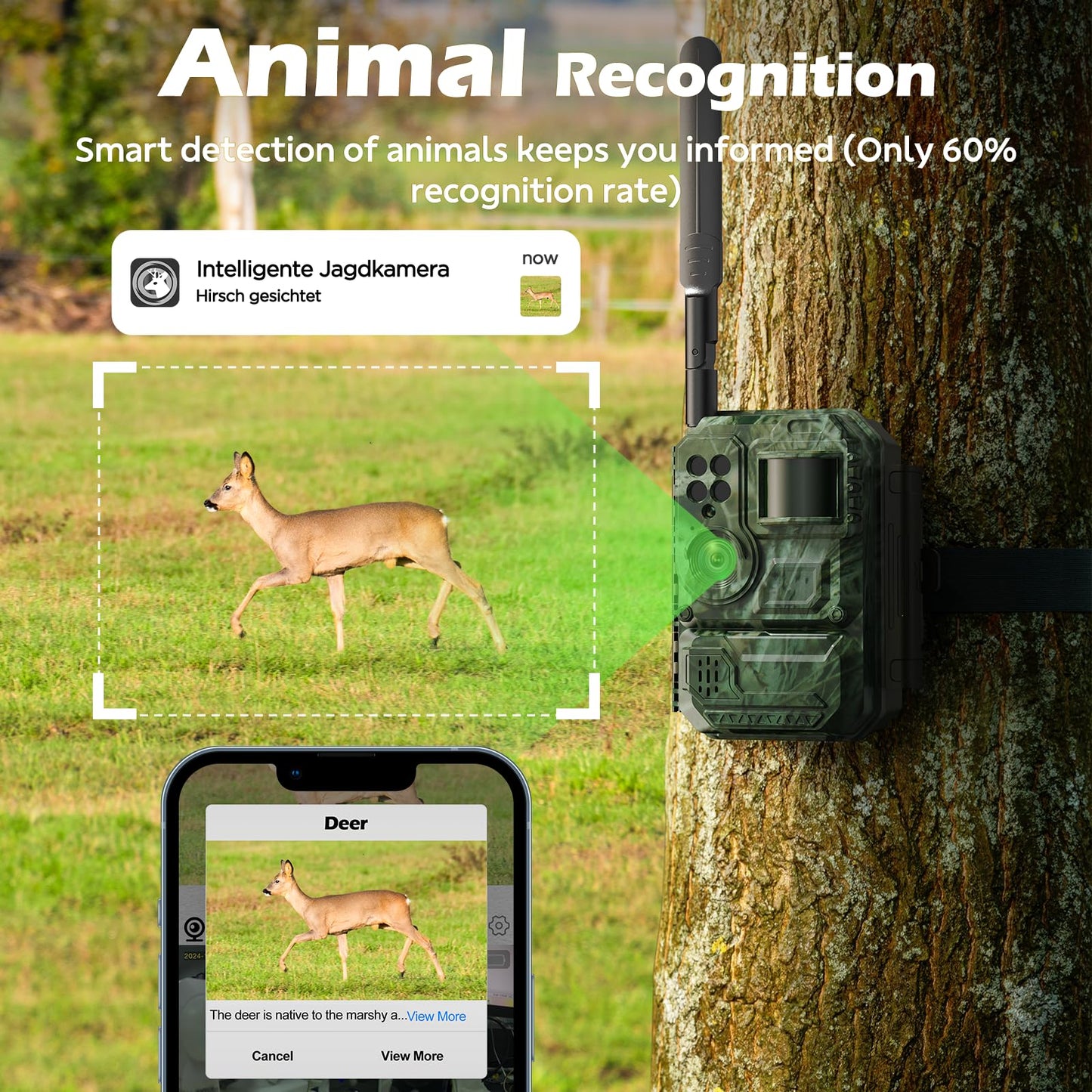 4G LTE Cellular Trail Camera with Pre-installed SIM Card, 2K Live Streaming, Solar Powered, Low Glow Night Vision, Remote Access, Motion Activated, Two-Way Audio Game Camera for Outdoor Security