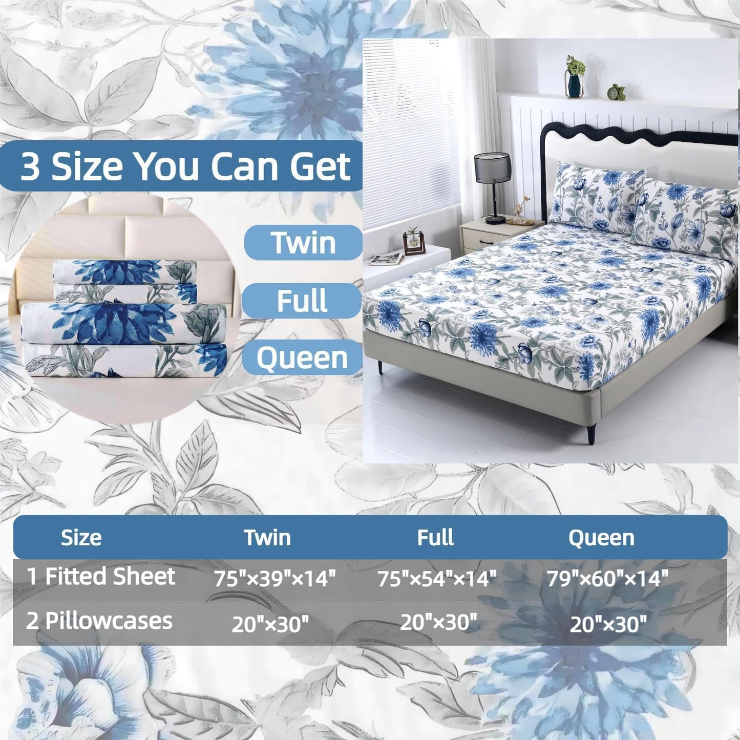 SDIII Blue Floral Twin Fitted Sheet with 2 Pillowcases, Deep Pocket Soft Microfiber Twin Bed Sheet Floral Blue All Season