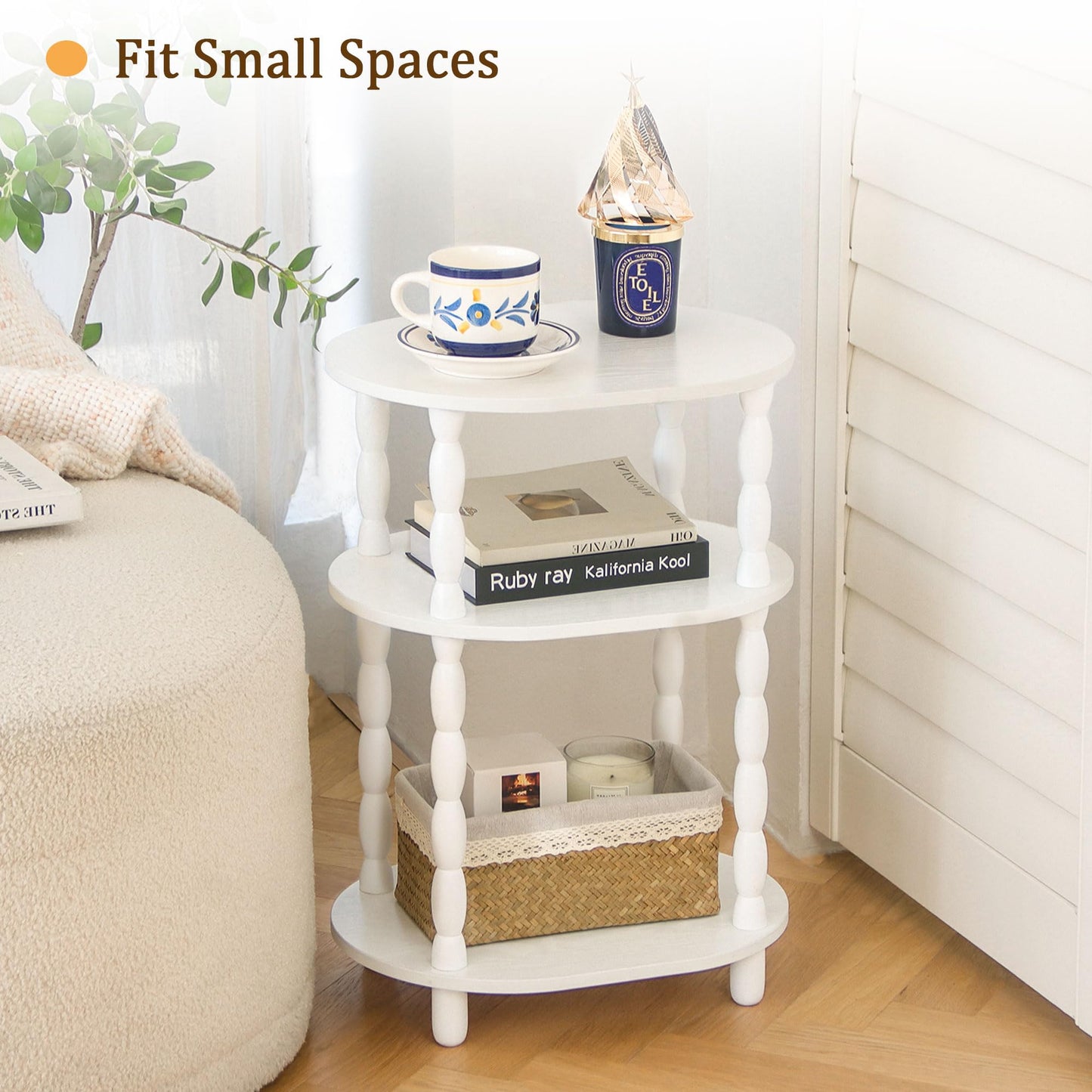 MaxSmeo White Side Table, 3-Tier Small Oval End Table, Modern Night Stand Wood Accent Table for Living Room, Bedroom, White