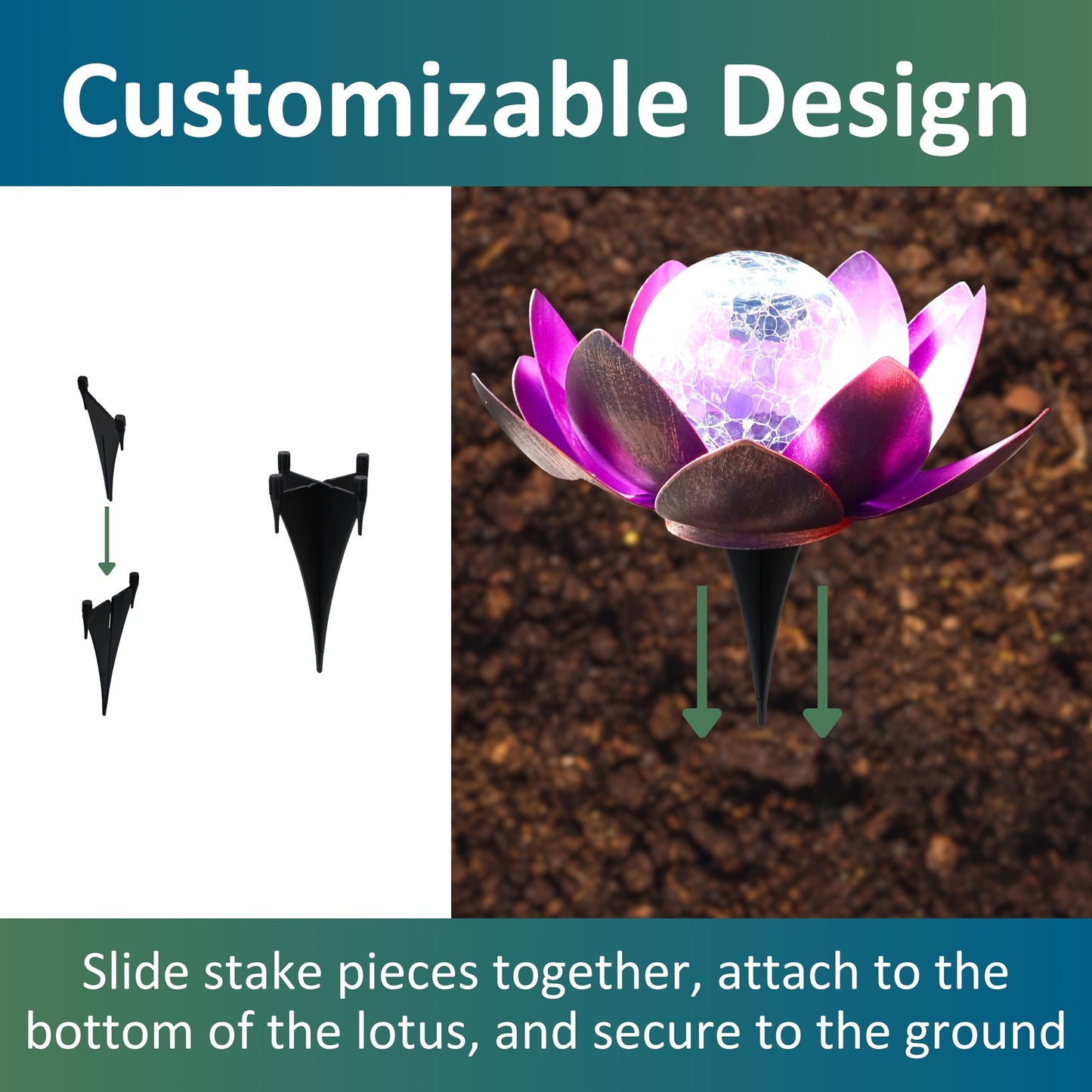 MooneLit Creations MCSLOTUS-V Violet Lotus Flower Solar LED Garden Light with Crackled Glass Globe – Waterproof Metal Outdoor Décor