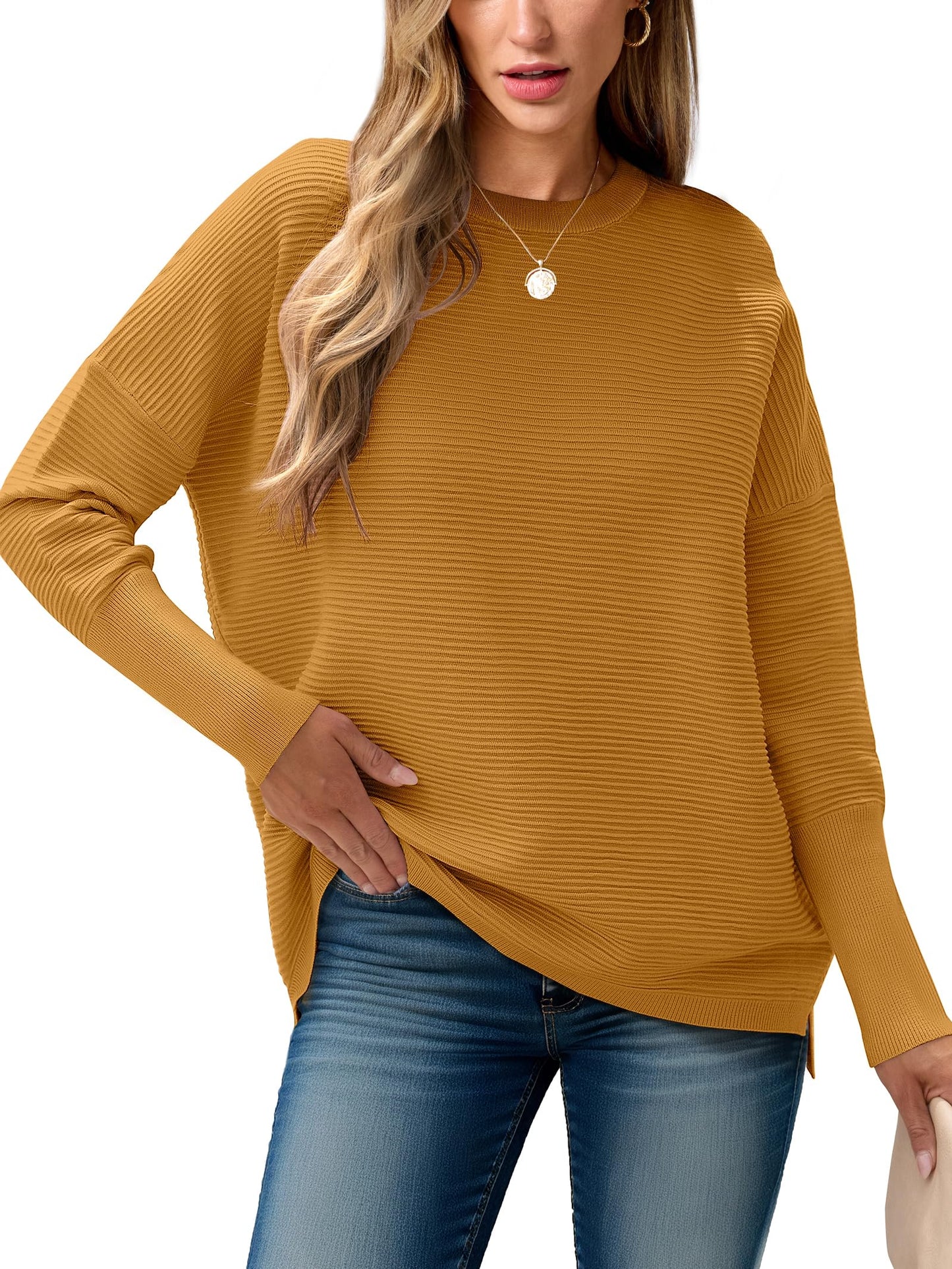 ANRABESS Womens Oversized Batwing Long Sleeve Ribbed Knit Sweaters 2025 Fall Outfits
