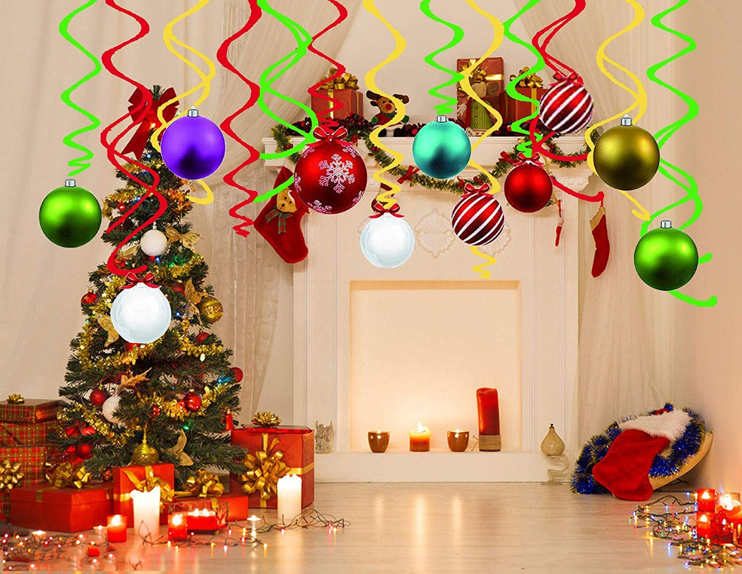 MAFENT Christmas Decorations Ceiling Hanging Swirls & Spiral Streamers for Home, Office, School - 16 Swirls, 14 Spirals - Plastic & Paper - Christmas, Festival, Party Decor