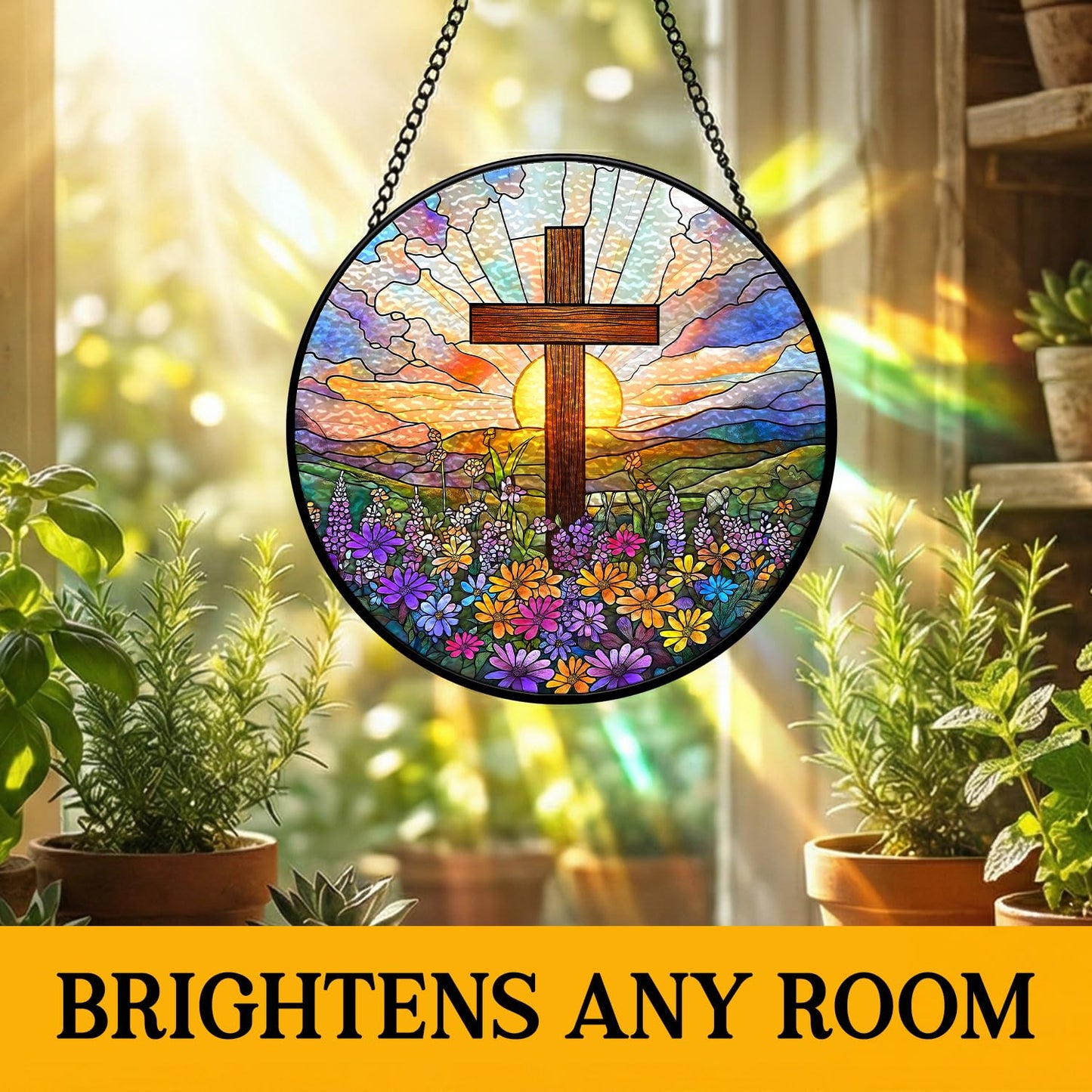 Stained Glass Window Hanging Decor,Cross Wildflowers Sun Catcher,Cross Suncatcher for Window, Stained Glass Hanging Ornament for Christian Easter,Religious Gift for Women Men 8 inch(Cross01)