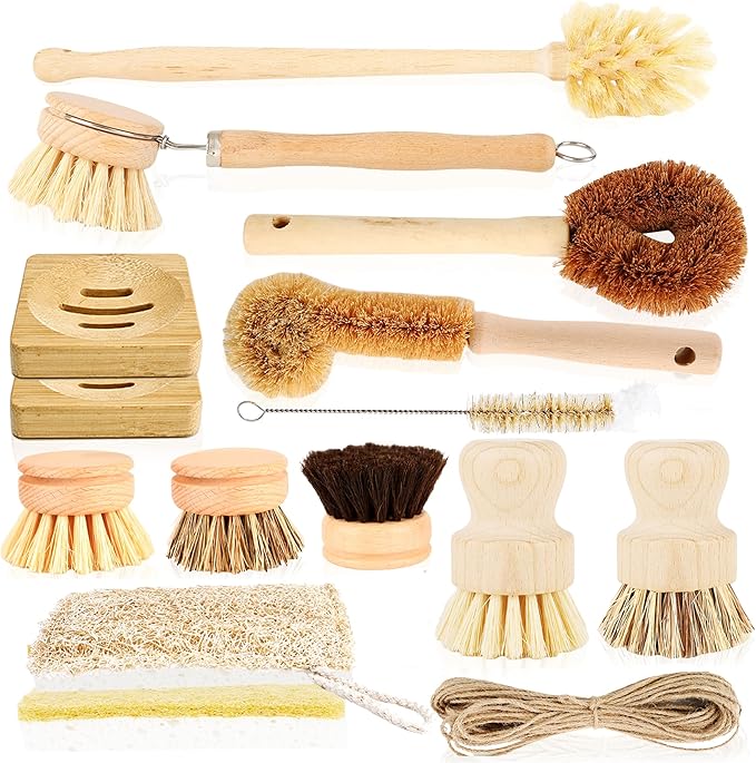 15 Pcs Bamboo Dish Brush Set