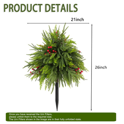 FJAKA 2 Pack 24" Christmas Tree Urn Fillers for Outdoor Planters, Artificial Greenery Cedar Pots with Pine Cones and Red Berry, for Front Porch, Garden, Cemetery Yard and Holiday Decor