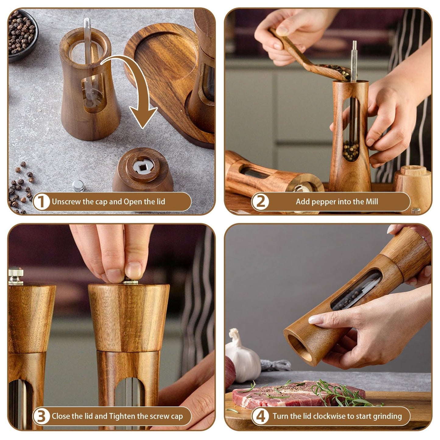 2 Pack Wooden Salt and Pepper Grinder Set — 8 Inch Refillable Salt and Pepper Shakers — Manual Spice Mills with Clear View Window — Ceramic Grinder, Adjustable Coarseness