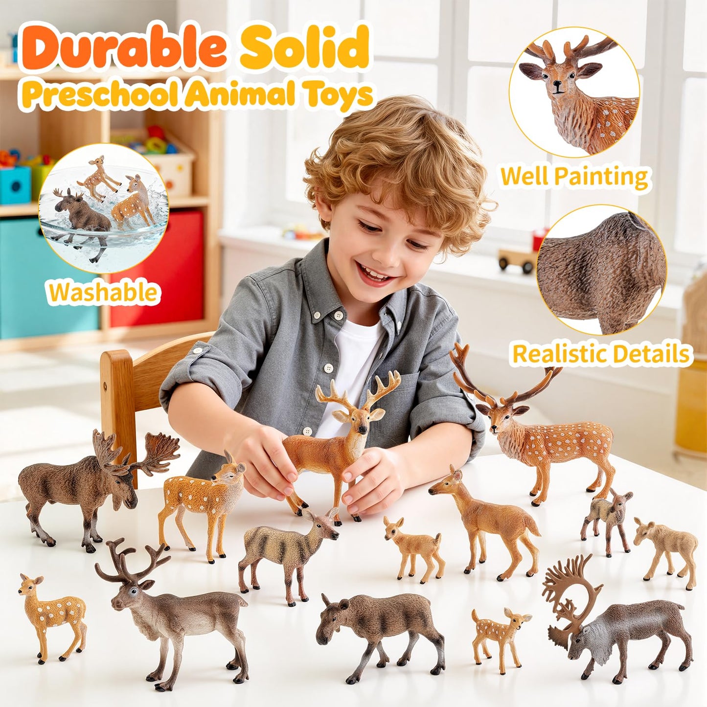 THINKBAY 14 PCS Deers Family Figurines Set - Elk, Reindeer, Moose, Sika Deer, Whitetail Deer - Realistic Solid Wild Animal Figures for Kids 3+, Educational Toys, Cake Toppers, Party Favors