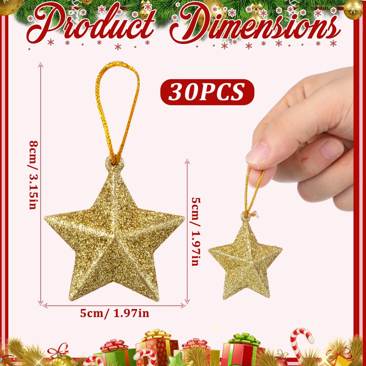 30 Pcs Star Ornaments Christmas Star Pendant Hanging Christmas Ornaments Jewelry Gold Glitter Tree Festival Decorations 3D Charm Celebrity